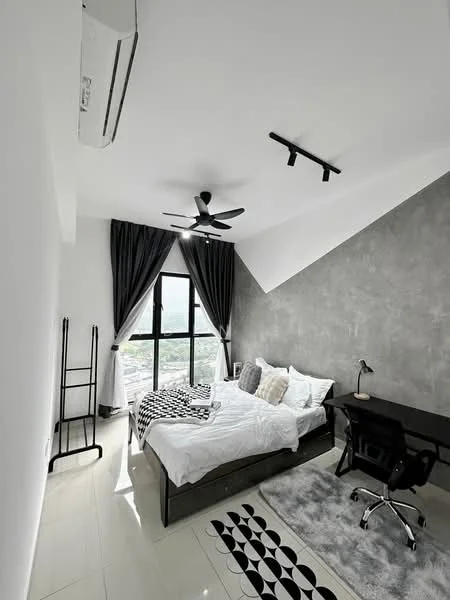 Bedroom features: king-size bed with white bedding, grey accent wall, floor-to-ceiling windows, blackout curtains, 5-blade ceiling fan with light, track lighting, study desk with chair, area rug with geometric pattern, white tiled flooring, wall-mounted air conditioning unit; style: modern; view: city.