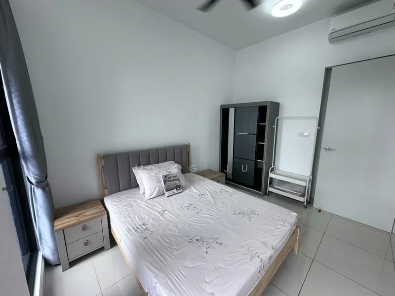 Bedroom features: queen-size bed, upholstered headboard, 2 bedside tables, wall-mounted air conditioning unit, floor-to-ceiling window, grey curtains, light-colored tiled flooring, built-in wardrobe, ceiling fan with light, white painted walls; style: modern.