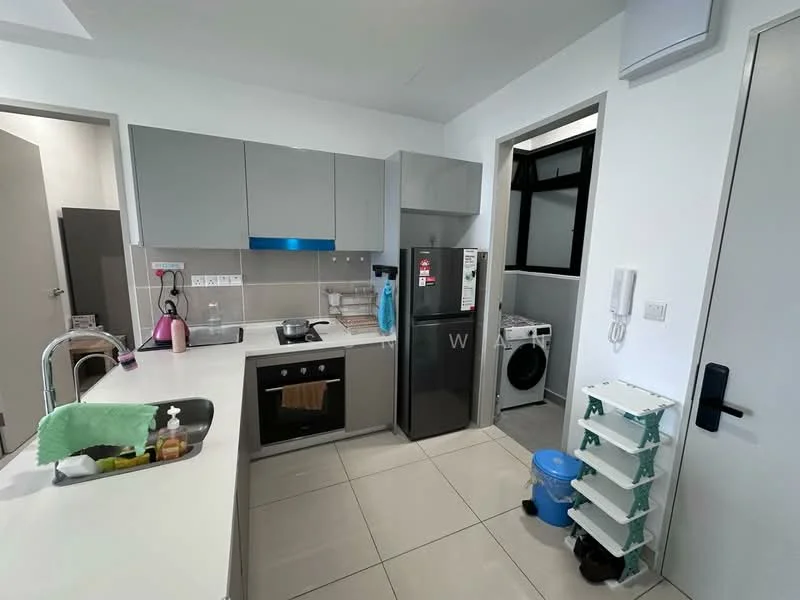 Kitchen features: grey flat-panel cabinets, white countertop, single-bowl stainless-steel sink, chrome pull-down faucet, stainless-steel fridge, built-in oven, 4-burner gas hob, ceramic tile flooring, wall-mounted microwave, washing machine, open shelving unit, window with black frame; style: modern.