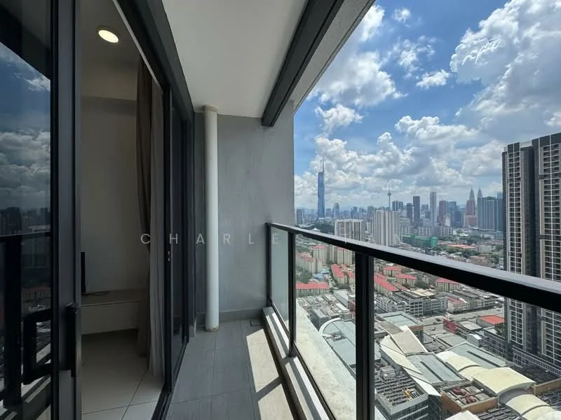 Room features: balcony with glass railing, grey tiled flooring, city skyline view, floor-to-ceiling windows, curtains, exterior wall with smooth finish; style: modern; view: city.