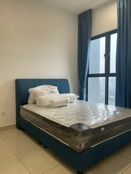 Bedroom features: king-size bed, upholstered headboard in blue, white bedding with protective cover, two white pillows, floor-to-ceiling window, blue curtains, cream painted walls, tile flooring; style: modern; view: city.