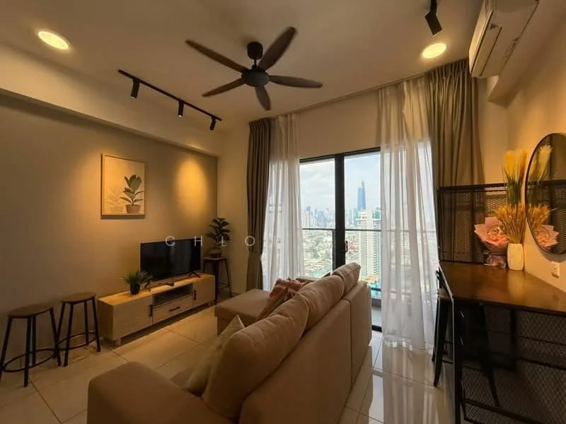 Living features: 3-seater fabric sofa in beige, coffee table, wall-mounted TV, TV console, floor-to-ceiling windows, sheer curtains, 5-blade ceiling fan with light, recessed downlights, decorative wall art, wooden side table, open shelving unit, ceramic floor tiles; style: modern; view: city.