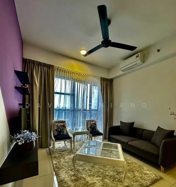 Living features: 3-seater fabric sofa in dark grey, 2 accent chairs with floral pattern, glass coffee table, area rug with neutral color, floor-to-ceiling windows, sheer curtains, wall-mounted TV console, ceiling fan with light, wall-mounted air conditioning unit, purple accent wall, light-colored tiled flooring; style: modern; view: city.