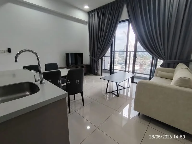 Living features: grey sofa, coffee table, 4 dining chairs, TV console, wall-mounted TV, floor-to-ceiling windows, curtains, glossy tile flooring, recessed downlights; style: modern; view: city.