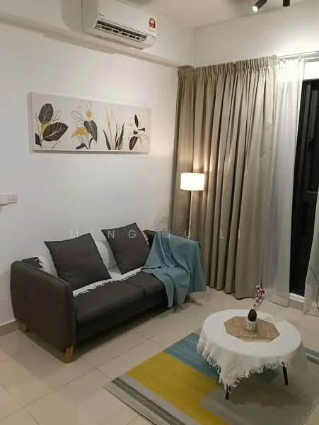 Living features: 3-seater fabric sofa in grey, decorative throw blanket in blue, coffee table with round top, area rug with striped pattern, floor lamp, curtains in light fabric, wall-mounted air conditioning unit, framed artwork with floral design, tile flooring, window with sheer curtains; style: modern.