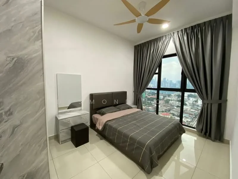 Bedroom features: king-size bed with grey bedding, upholstered headboard, floor-to-ceiling windows, city skyline view, grey curtains, ceiling fan, white walls, marble tile flooring, nightstand, mirror on nightstand; style: modern; view: city.