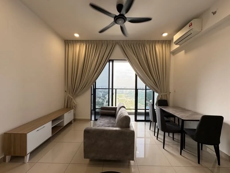 Living features: 5-blade ceiling fan with light, floor-to-ceiling windows, grey fabric sofa, wooden TV console, dining table with 4 chairs, curtains, tile flooring, air conditioning unit; style: modern; view: city.