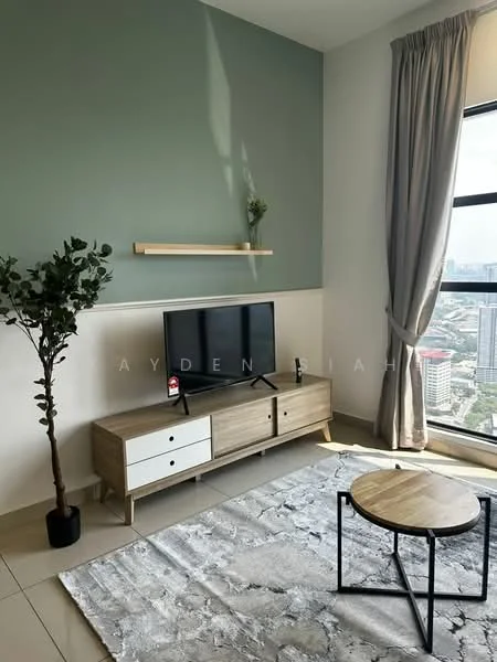 Living features: green accent wall, white painted walls, floor-to-ceiling window, curtains, wooden TV console with drawers, flat-screen TV, decorative shelf, area rug with abstract pattern, round coffee table with black legs, indoor plant; style: modern; view: city.