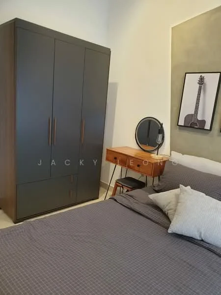 Bedroom features: queen-size bed with grey bedding, upholstered headboard, wooden bedside table with drawer, round mirror, built-in wardrobe with grey doors, decorative artwork on wall, neutral wall color, tile flooring; style: modern.
