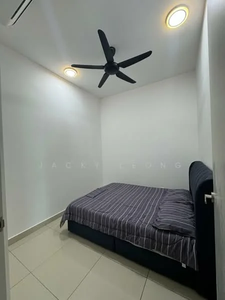 Bedroom features: queen-size bed with dark upholstered headboard, striped bedding in grey and white, 2 recessed ceiling lights, 5-blade ceiling fan, white painted walls, glossy tile flooring, window with no visible treatment, built-in wardrobe; style: modern.