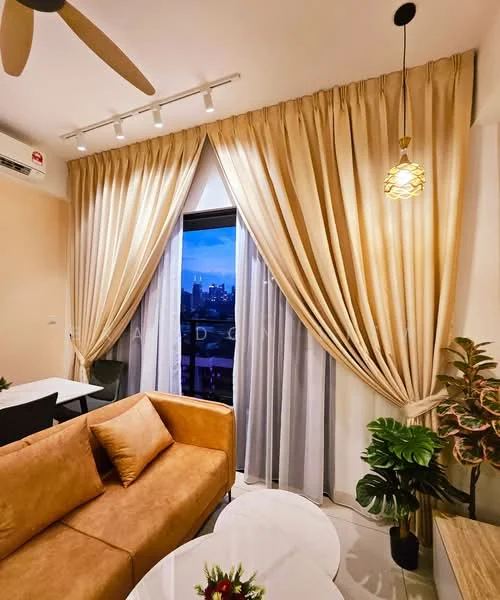Living features: 3-seater fabric sofa in beige, round coffee table, floor-to-ceiling windows, sheer curtains, blackout curtains, recessed LED downlights, pendant lamp, decorative houseplants in ceramic pots, cream painted walls, glossy tile flooring, city skyline view; style: modern; view: city.