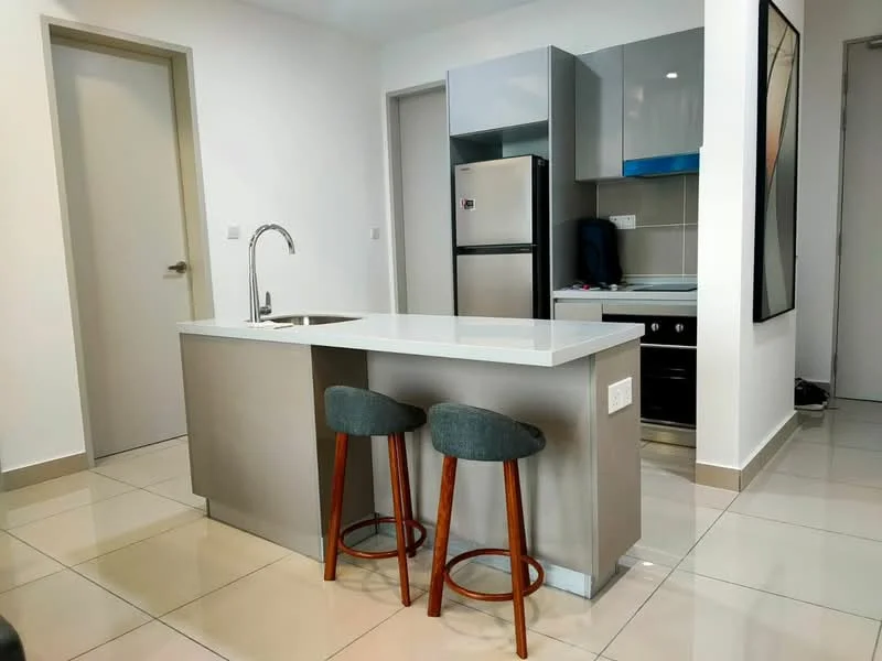 Kitchen features: island kitchen with countertop, stainless-steel sink, chrome pull-down faucet, stainless-steel fridge, built-in oven, freestanding range oven, grey cabinetry, white tiled backsplash, ceramic tile flooring, recessed downlights, two bar stools, open layout; style: modern.