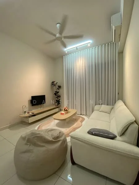 Living features: white leather sofa, coffee table, bean bag chair, wall-mounted TV, TV console, floor-to-ceiling curtains, recessed LED downlights, 5-blade ceiling fan, white painted walls, glossy tile flooring, decorative plant; style: modern.