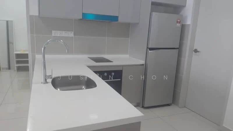Kitchen features: single-bowl stainless-steel sink, chrome pull-down faucet, white quartz countertop, grey cabinetry, built-in oven, stainless-steel fridge, ceramic tile flooring, white tiled backsplash, induction cooktop, wall-mounted cabinets, open shelving, recessed downlights; style: modern.