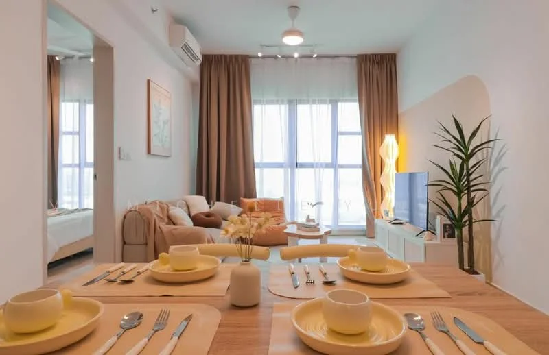 Dining features: wooden dining table, yellow dinner plates, cutlery set, decorative vase with flowers, table runner, 4 dining chairs, light fixture, wall-mounted TV; style: modern; view: city. Living features: fabric sofa in beige, floor lamp, coffee table, decorative plant, TV console, curtains, floor-to-ceiling windows; style: modern; view: city. Bedroom features: queen-size bed, bedding, bedside table, lamp, curtains, wall art; style: modern.