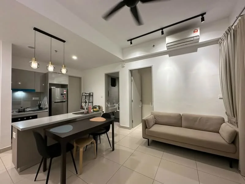 Living features: 3-seater fabric sofa in beige, pendant lighting with three bulbs, wall-mounted air conditioning unit, recessed downlights, white painted walls, tile flooring, open-plan layout, ceiling fan; style: modern. Kitchen features: stainless-steel fridge, built-in oven, 4-burner gas hob, kitchen island with bar stools, grey cabinetry, white countertop, sink, wall-mounted cabinets; style: modern.