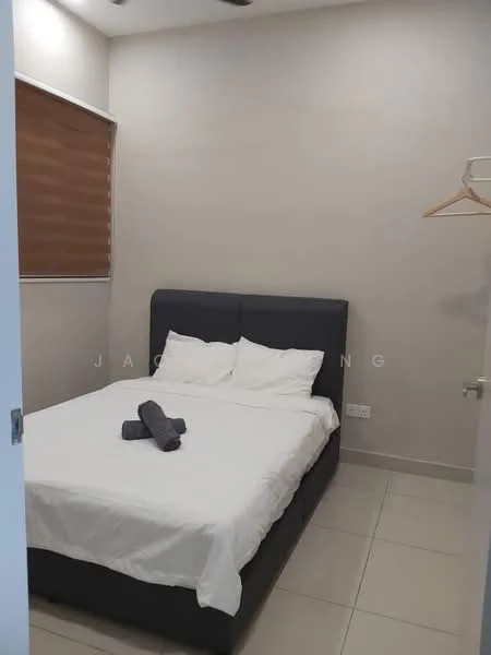 Bedroom features: queen-size bed with upholstered headboard, white bedding, two pillows, grey towels, wall-mounted coat hanger, window with wooden blinds, light grey painted walls, tile flooring, ceiling light fixture; style: modern.