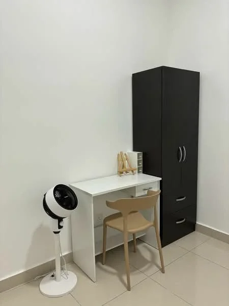 Study features: white desk, wooden chair, black cabinet with drawers, table lamp, ceramic decorative items, light-colored tiled flooring, white painted walls, standing fan; style: modern.
