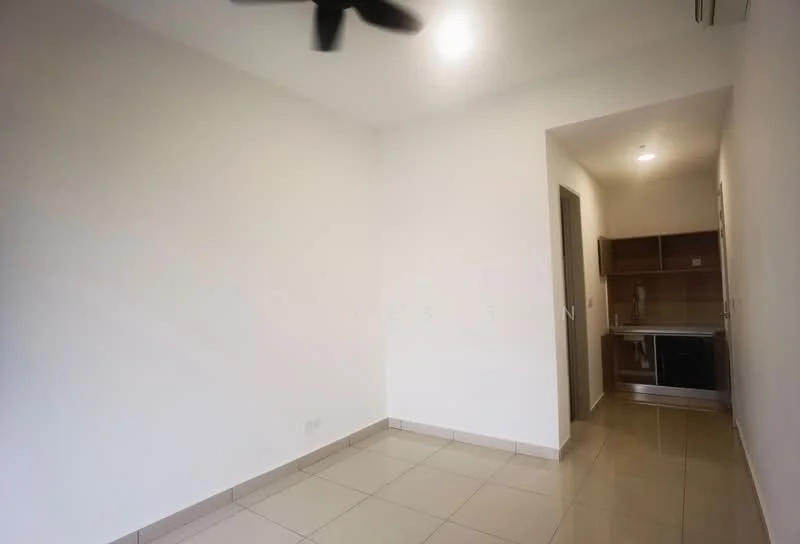 Room features: white painted walls, tile flooring, ceiling fan, recessed lighting, kitchenette with sink, kitchen cabinets, countertop, built-in appliances; style: modern.