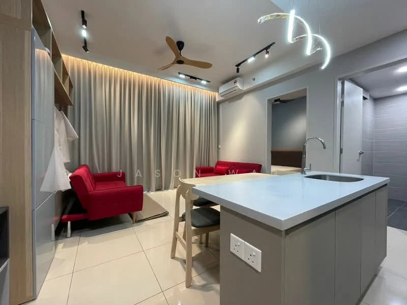 Living features: red fabric sofa, 2-seater sofa, wooden dining table, 4 dining chairs, kitchen island with countertop, single-bowl stainless-steel sink, chrome pull-down faucet, recessed LED downlights, ceiling fan, curtains, white painted walls, tile flooring; style: modern.