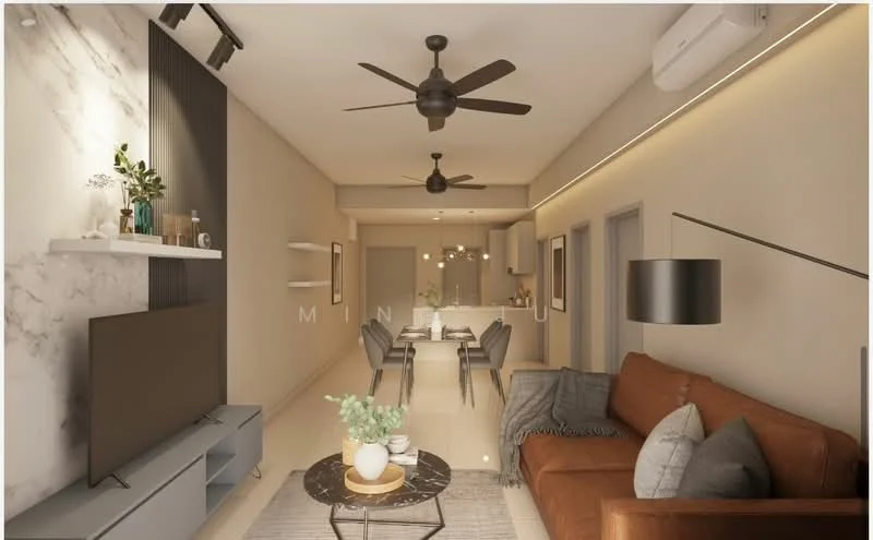 Living features: 3-seater brown leather sofa, coffee table with round top, area rug with geometric pattern, wall-mounted TV, TV console in grey, ceiling fan with light, recessed LED downlights, decorative wall with marble finish, decorative plants in ceramic pots, wall-mounted shelves, dining area visible in background; style: modern. Dining features: 6-seater dining table, upholstered dining chairs, pendant lighting above dining table; style: modern.