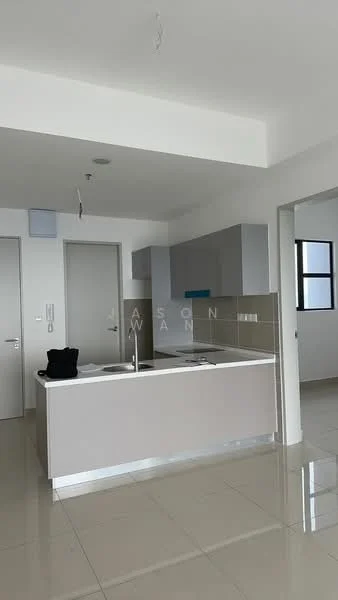 Kitchen features: island kitchen with countertop, single-bowl stainless-steel sink, chrome pull-down faucet, grey cabinetry, white tiled backsplash, ceramic tile flooring, recessed downlights, built-in appliances, open layout, wall-mounted cabinets, window for natural light; style: modern.