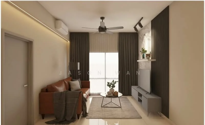 Living features: 3-seater leather sofa in brown, coffee table with glass top, TV console in grey, wall-mounted TV, floor-to-ceiling windows, sheer curtains, 5-blade ceiling fan with light, decorative wall with dark wood paneling, area rug with neutral color, houseplants in ceramic pots, recessed LED downlights; style: modern.