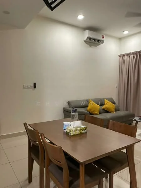 Dining features: dining table, 4 wooden dining chairs, tissue box on table, water bottle on table, light-colored tiled flooring, wall-mounted air conditioning unit, curtains on window, sofa with yellow cushions; style: modern.