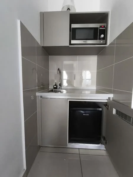 Kitchen features: single-bowl stainless-steel sink, chrome pull-down faucet, microwave oven, built-in refrigerator, grey cabinetry, white countertop, ceramic tile backsplash, grey tiled walls, floor tiles, under-cabinet lighting; style: modern.