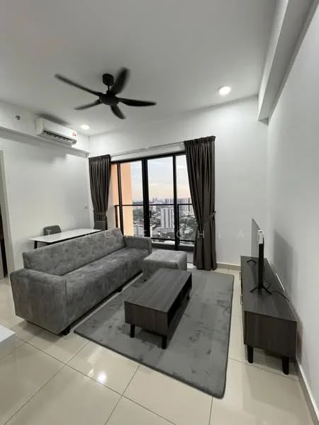 Living features: 3-seater fabric sofa in grey, coffee table, TV console, wall-mounted TV, area rug in grey, floor-to-ceiling windows, blackout curtains, 5-blade ceiling fan with light, light-colored walls, glossy tile flooring, desk with chair, view of city skyline; style: modern; view: city.