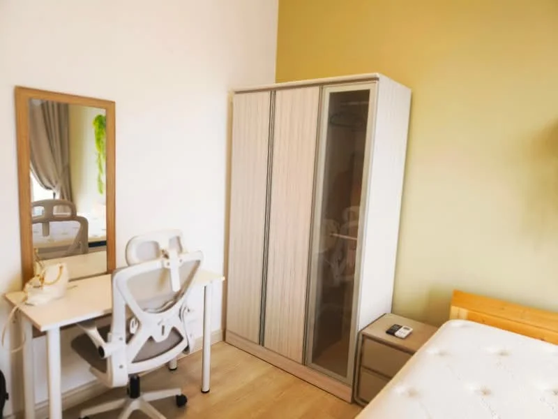 Bedroom features: light green painted walls, wooden flooring, single bed with mattress, built-in wardrobe with glass doors, desk with ergonomic chair, mirror on the wall, decorative plant, nightstand, phone on nightstand; style: modern.
