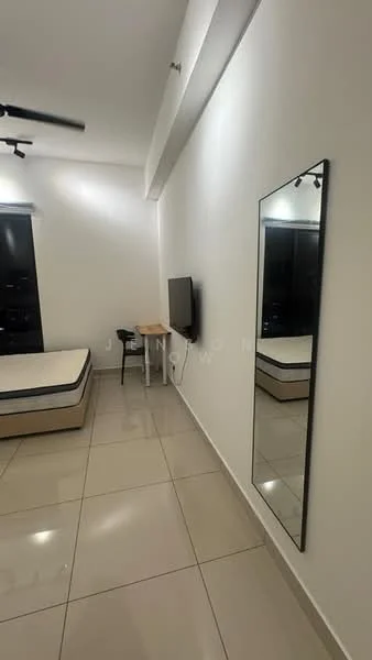 Bedroom features: queen-size bed, wall-mounted TV, full-length mirror, small wooden desk, black chair, white painted walls, recessed downlights, tile flooring, large window with dark blinds; style: modern.