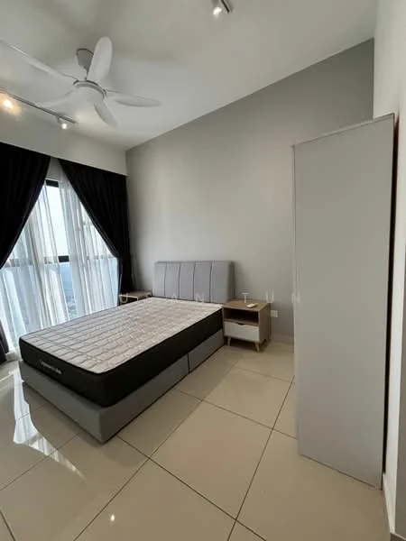 Bedroom features: queen-size bed, upholstered headboard, 2 bedside tables, floor-to-ceiling windows, blackout curtains, light grey painted walls, recessed downlights, ceiling fan, polished ceramic tile flooring, built-in wardrobe; style: modern; view: city.