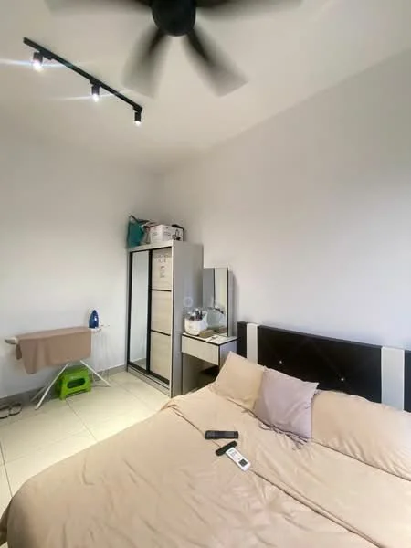 Bedroom features: king-size bed with beige bedding, upholstered headboard, 2 bedside lamps, built-in wardrobe with sliding doors, dressing table with mirror, ceiling fan, wall-mounted light fixture, tile flooring, ironing board, iron, remote control on bed; style: modern.