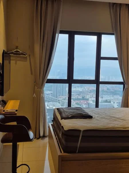 Bedroom features: queen-size bed, wooden bed frame, white bedding, wall-mounted TV, wooden bedside table, floor-to-ceiling windows, curtains, city view, tile flooring, decorative wall, clothes hanger; style: modern; view: city.