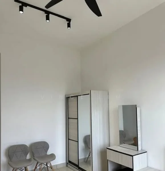Room features: white painted walls, ceiling with recessed downlights, 5-blade ceiling fan, floor tiles, two grey upholstered chairs, sliding wardrobe with mirrored doors, dressing table with mirror, minimalist design; style: modern.