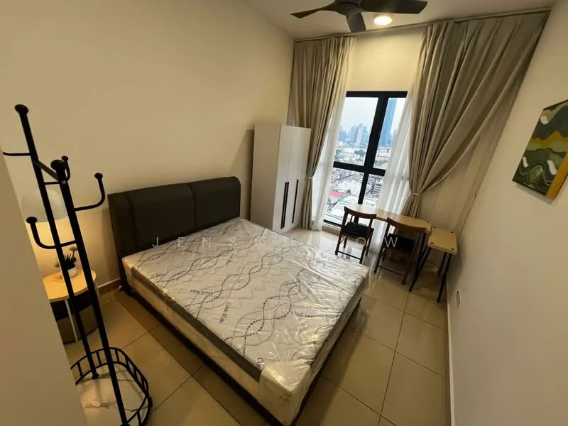Bedroom features: queen-size bed, upholstered headboard, bedside lamp, wooden study desk, chair, floor-to-ceiling window, curtains, tile flooring, clothes rack, decorative wall art; style: modern; view: city.