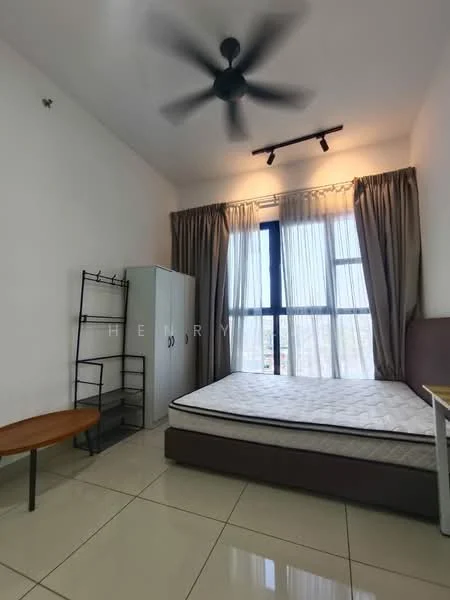 Bedroom features: queen-size bed, upholstered headboard, floor-to-ceiling windows, sheer curtains, ceiling fan, tile flooring, wooden bench, metal shelving unit, built-in wardrobe, wall-mounted light fixture; style: modern; view: city.