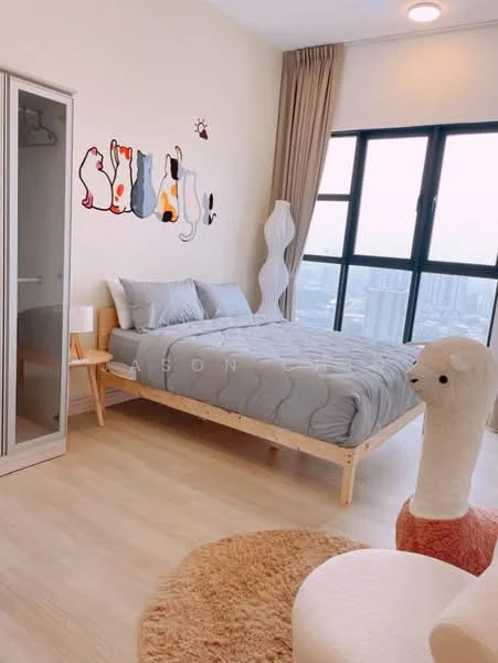 Bedroom features: queen-size bed with grey bedding, decorative wall art with animal illustrations, large floor-to-ceiling windows, curtains, light-colored wooden flooring, white bedside lamp, wooden bed frame, round area rug, white decorative sculpture, sliding wardrobe; style: modern; view: city.