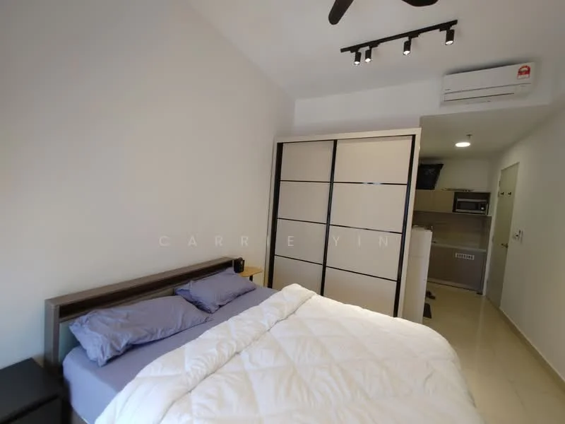 Bedroom features: queen-size bed with grey bedding, upholstered headboard, 2 bedside tables, ceiling fan with light, wall-mounted air conditioning unit, built-in wardrobe with sliding doors, cream painted walls, tile flooring, recessed lighting, window with natural light; style: modern.