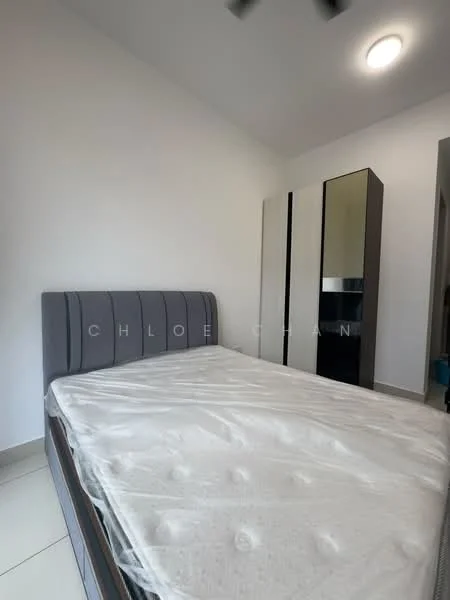 Bedroom features: queen-size bed with mattress protector, grey upholstered headboard, white painted walls, light-colored tile flooring, ceiling fan, built-in wardrobe with mirrored doors, LED ceiling light; style: modern.