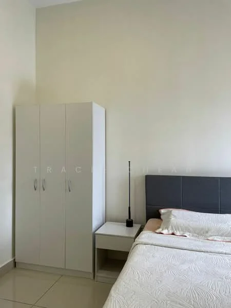 Bedroom features: queen-size bed with white bedding, grey upholstered headboard, white bedside table, black table lamp, white wardrobe with sliding doors, cream painted walls, glossy tile flooring, natural light from window; style: modern.