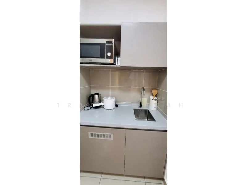 Kitchen features: grey cabinetry, white countertop, stainless-steel sink, chrome pull-down faucet, built-in microwave, kettle, white ceramic container, tile backsplash, ceramic tile flooring; style: modern.
