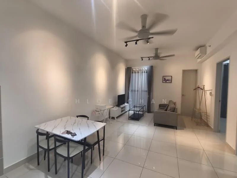 Living features: white painted walls, glossy tile flooring, 5-blade ceiling fan with light, 2-seater fabric sofa in light grey, coffee table with marble top, TV console, wall-mounted TV, curtains on window, decorative wall art, recessed lighting, open layout, area rug; style: modern.