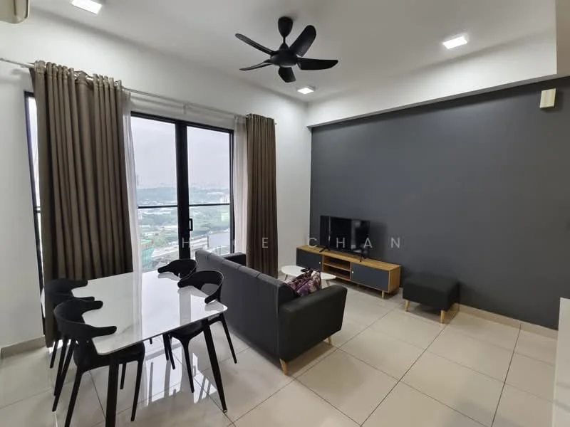Living features: grey accent wall, white painted walls, floor-to-ceiling windows, black ceiling fan, recessed LED downlights, 3-seater fabric sofa in grey, coffee table, TV console, wall-mounted TV, dining table for 6, black dining chairs, tile flooring; style: modern; view: city.