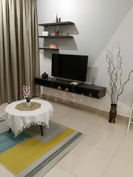 Living features: light grey painted walls, cream curtains, flat-panel TV on wall-mounted console, dark wood console table, decorative items on shelves, round coffee table with white tablecloth, area rug with geometric pattern, ceramic vase with decorative branches, floor tiles with glossy finish; style: modern.