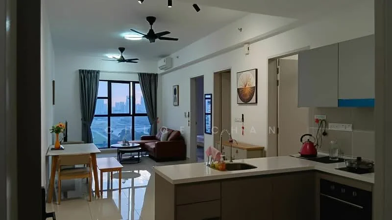 Kitchen features: white cabinetry, stainless-steel sink, chrome pull-down faucet, granite countertop, built-in oven, stainless-steel range hood, 4-burner gas hob, tile backsplash, recessed downlights; style: modern; view: city. Living features: 3-seater fabric sofa in maroon, coffee table, TV console, wall-mounted TV, area rug, floor-to-ceiling windows, curtains, ceiling fan; style: modern; view: city. Dining features: 4-seater dining table, wooden chairs, decorative vase, wall art; style: modern; view: city.