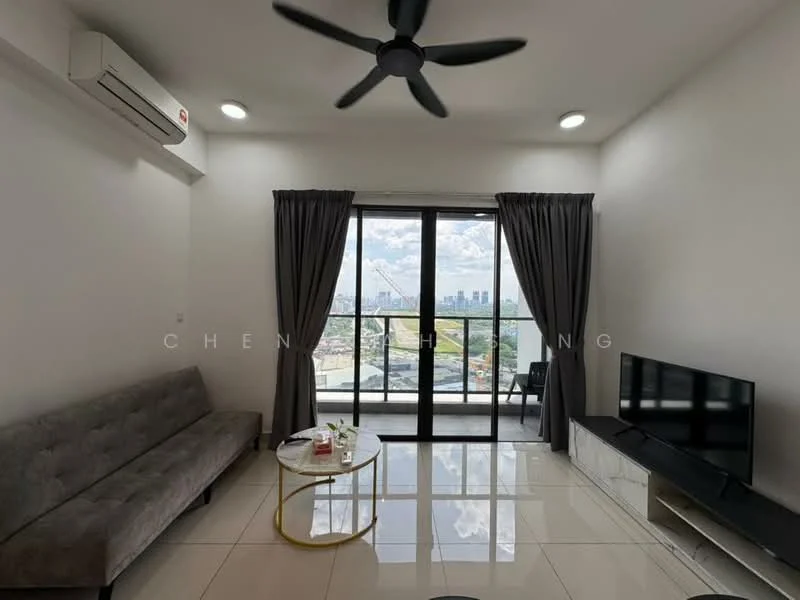 Living features: grey fabric sofa, round coffee table with gold trim, wall-mounted TV, floor-to-ceiling windows, blackout curtains, recessed downlights, 1 wall-mounted split AC, glossy tile flooring, city skyline view, ceiling fan; style: modern; view: city.
