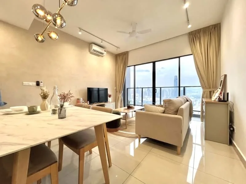 Living features: cream painted walls, white ceiling, 5-blade ceiling fan with light, floor-to-ceiling windows, beige fabric 3-seater sofa, wooden coffee table, TV console, wall-mounted TV, area rug, dining table with marble top, upholstered dining chairs, decorative vase, curtains, air conditioning unit; style: modern; view: city.