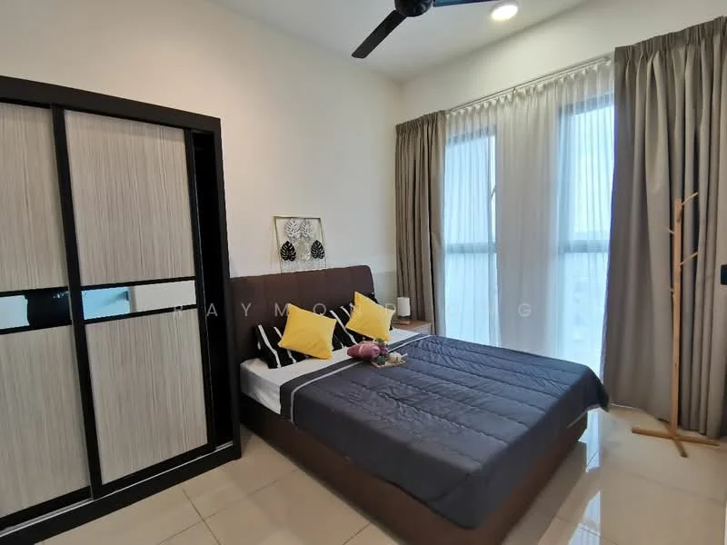 Bedroom features: king-size bed with grey bedding, upholstered headboard, two yellow decorative pillows, floor-to-ceiling windows with sheer curtains, light grey walls, cream tiled flooring, built-in wardrobe with sliding doors, wooden floor lamp, nightstand, decorative vase with flowers; style: modern; view: city.